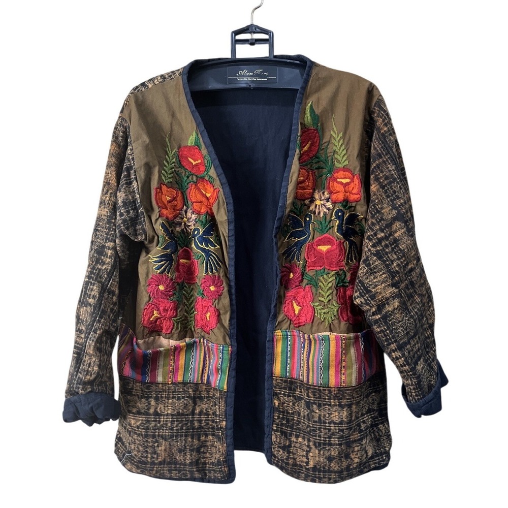 Handmade Jacket Women XL Brown Floral Embroidered Guatemala Cotton Boho Artsy